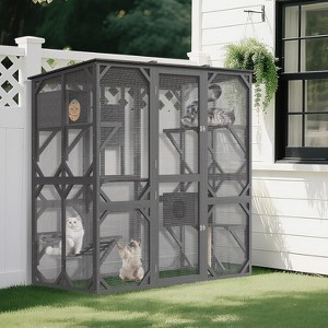 68'' Wooden Catio - 4-Tier Outdoor Cat Enclosure w/ 2 Doors, Scratching Post & UV Protection for Multiple Cats - 1 of 4