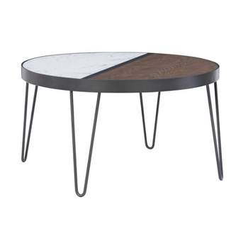 32" Rivendell Faux Marble and Wood Coffee Cocktail Table with Metal Hairpin Legs Walnut/White - Linon