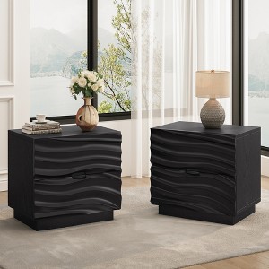 Solid Wood Nightstand, Mid-Century Modern 2-Drawer Bedside Table with  Curved Wave Design, 23.6"W Accent End Table, Black, - ModernLuxe
