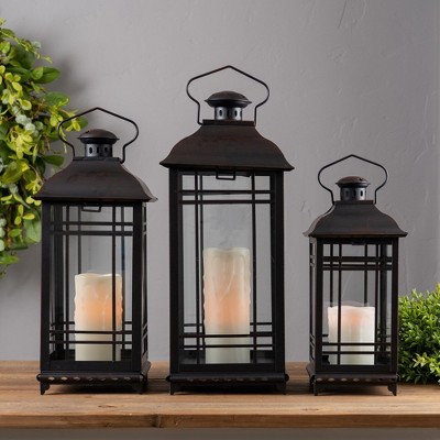 Melrose 20" Black Metal and Glass Hanging Lantern Set