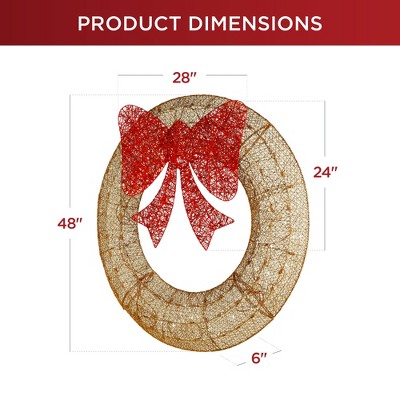 48-Inch Gold and Red Pre-Lit Outdoor Christmas Wreath with LED Lights