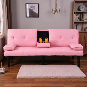 67" Convertible Sofa Bed with Foldable Backrest and Cup Holders, 2-Seater PVC Upholstered Sleeper Couch for Living Room or Office - 1 of 4
