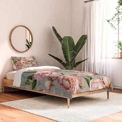 Deny Designs Queen UtArt Peach Peonies Watercolor Pattern Poly Comforter Set - Deny Designs: Reversible Floral Bedding, 3-Piece, Blue