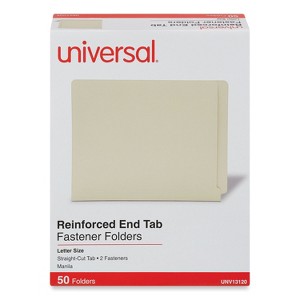 Universal Reinforced End Tab Fastener Folders, 0.75" Expansion, 2 Fasteners, Letter Size, Manila Exterior, 50/Box - 1 of 4