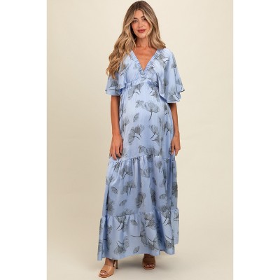PinkBlush Light Blue Floral Deep V-Neck Maternity Maxi Dress
