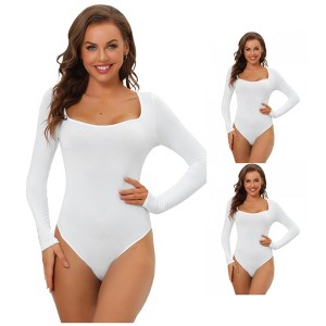INSPIRE CHIC Women's Long Sleeve Slim Fit Stretchy Square Neck Leotard Jumpsuits 3 Packs - 1 of 4