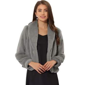 Allegra K Women's Cropped Lapel Long Sleeve Fluffy Faux Fur Jackets