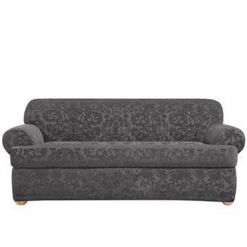 Stretch Jacquard Damask T-Sofa Slipcover Gray - Sure Fit