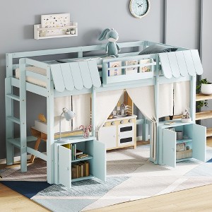 TUYOHW Kids Fairy-Tale Cottage Loft Bunk Bed with Curtain & Storage Shelf,Pine Wood Twin/Full Size House Bed with Built-in Bookshelf & Play Space - 1 of 4