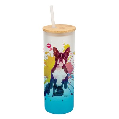 100 North 25 Ounce Frosted Glass Gradient Travel Tumbler With Straw & Wooden Lid, Boston Terrier Dog Paint Splatter Sky Blue