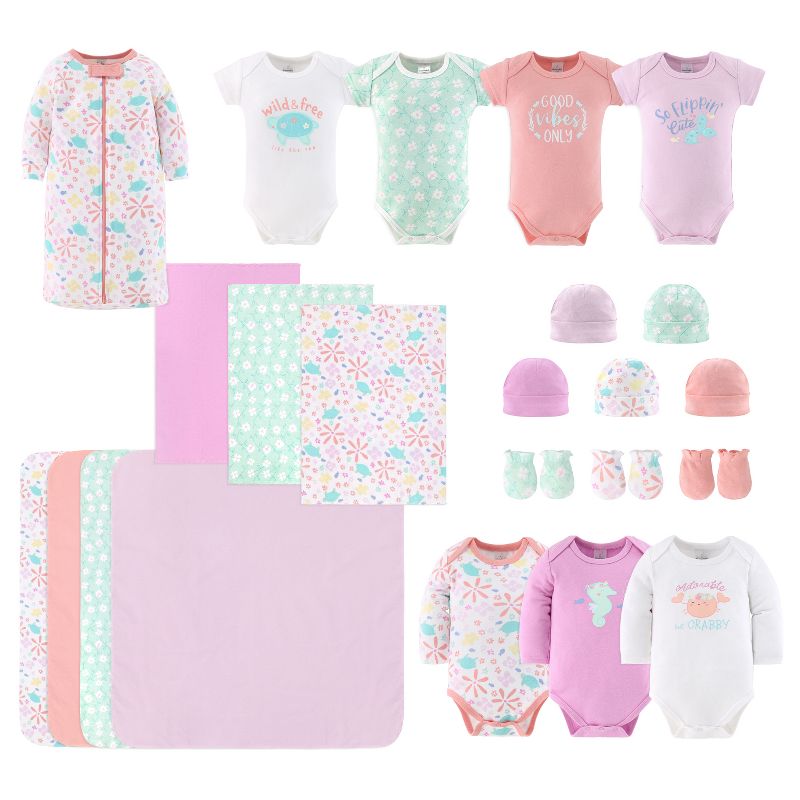 The Peanutshell Ocean Flower 23-Piece Baby Layette Girl Clothing Gift Set, 0-3 Months, 1 of 7