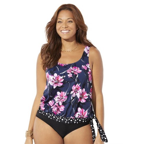 Swimsuits For All Women's Plus Size Scoop Neck Relaxed Fit Side Tie Blouson  Tankini Top - 8, Navy Pink Floral Blue : Target