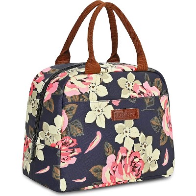Lokass Lunch Bags for Women, Water-resistant Lunch Tote Thermal Cooler, Soft Liner Insulated Floral Lunch Box with Adjustable Shoulder Strap Reusable Zipper Cooler Tote Bag for Work, Picnic, School, Camping 