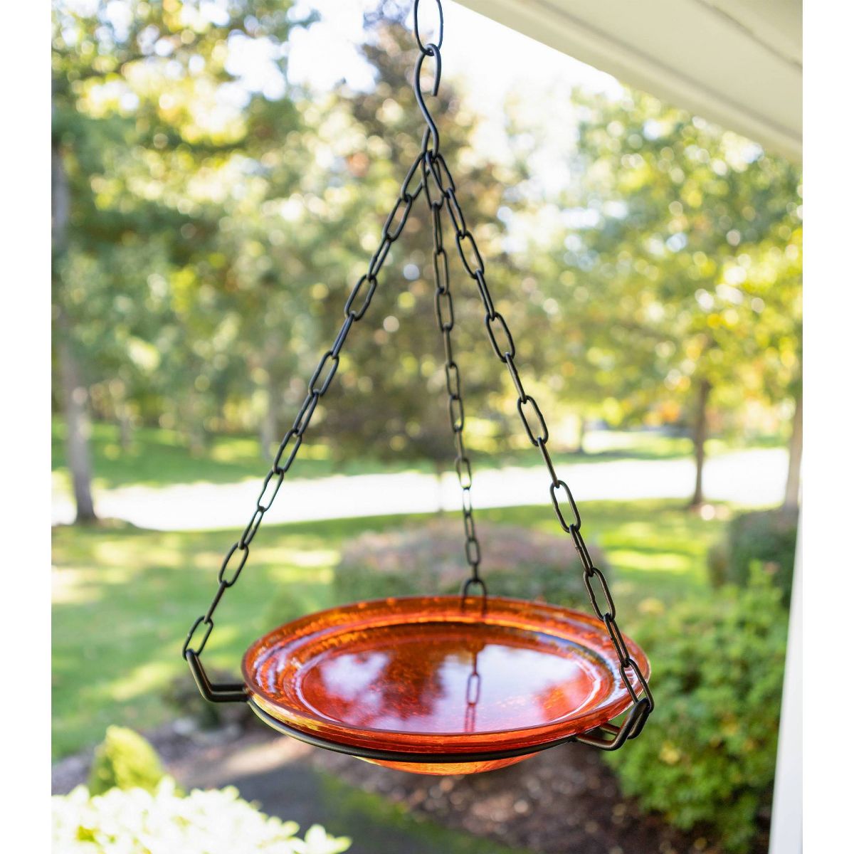 12.5" Crackle Glass Hanging Birdbath Bowl Mandarin Orange - ACHLA Designs: Wrought Iron Garden Decor - thumbnail 3