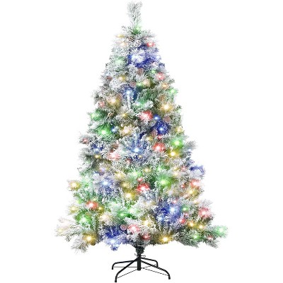 6.5FT Pre-Lit Artificial Christmas Tree, Snow Flocked Xmas Tree with 800 Branch Tips & 300 Colorful Lights and Foldable Stand, for Home Party
