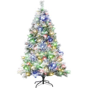 6.5FT Pre-Lit Artificial Christmas Tree, Snow Flocked Xmas Tree with 800 Branch Tips & 300 Colorful Lights and Foldable Stand, for Home Party - 1 of 4