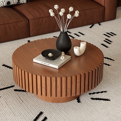 NicBex Modern Round Handcrafted Relief Coffee Table for Living Room,Wooden Tea Table with Sturdy Pedestal,Accent Center Table
