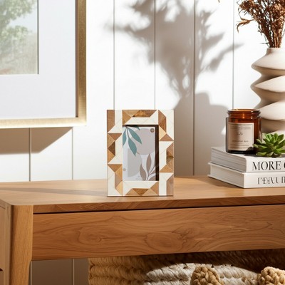 Decorative Resin and Wood Picture Frame with Glass, Modern Boho Aesthetic, Stylish Geometric Design, Casual Home Decor Accent - 4x6" White