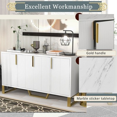 60" White Modern Sideboard with Gold Metal Legs and Marble Top