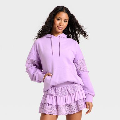 Women's Lace Trim French Terry Hooded Sweatshirt - JoyLab™ Purple XXS