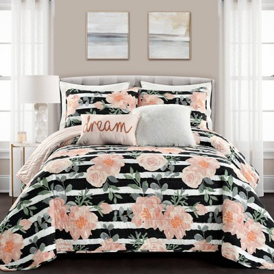 Full/Queen 7pc Amara Watercolor Rose Quilt Set Black/Dusty Rose - Lush Décor