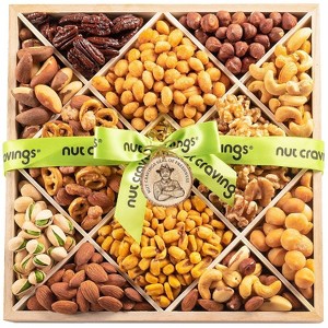 Nut Cravings Elegant Nut Gift Basket, Premium Nuts in Wooden Tray, Premium Healthy Kosher Snack Tray (12 Assortments) - 1 of 4