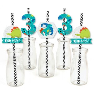 Big Dot of Happiness 3rd Birthday Roar Dinosaur - Paper Straw Decor - Three Rex Dino Third Birthday Party Striped Decorative Straws - Set of 24 - 1 of 4