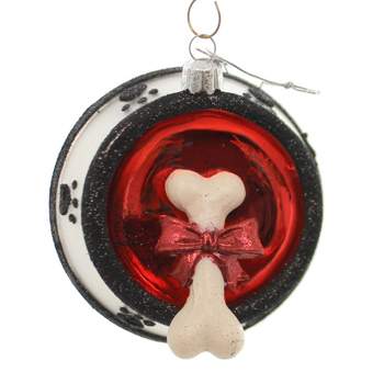 Noble Gems Dog Bone In Bowl  -  4.25 Inches -  Glass Ornament Pet Puppy  -  Nb0993  -  Glass  -  Red