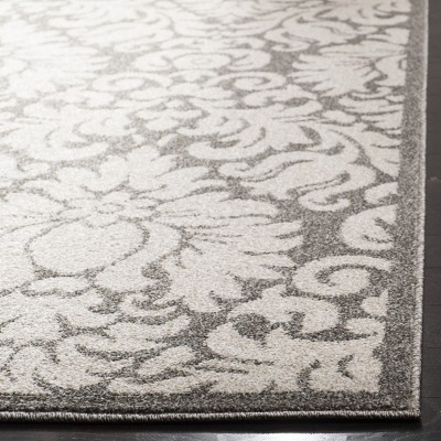Gray and Cream Damask Square Synthetic Area Rug