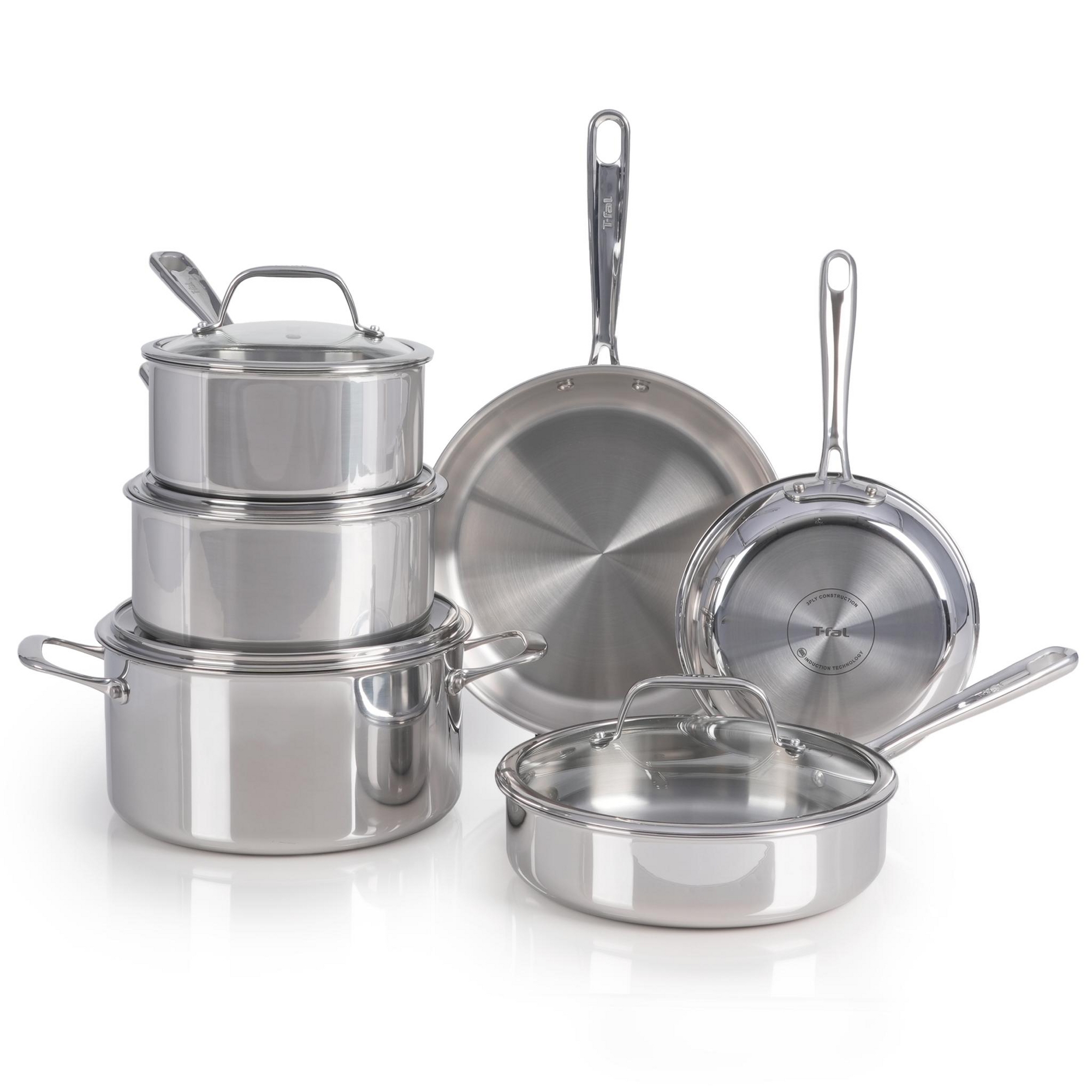 T-fal 10 Piece Stainless Steel Cookware Set, Pro Tri-Ply, Silver