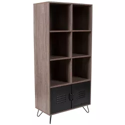 Flash Furniture Woodridge Collection 59.25"H 6 Cube Storage Organizer Bookcase with Metal Cabinet Doors and Metal Legs in Rustic Wood Grain Finish