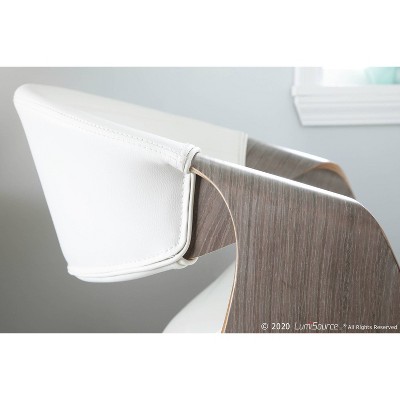 Light Grey Wood and White Faux Leather Mid-Century Arm Chair