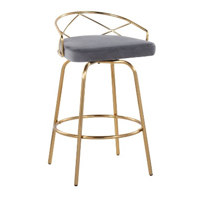 Charlotte 26" Gray Velvet and Gold Metal Swivel Counter Stools, Set of 2