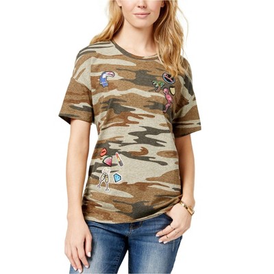 Carbon Copy Womens Patched Embellished T-Shirt, Green, Small