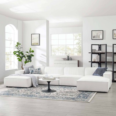 White Velvet 6-Piece Sectional Sofa with Ottoman