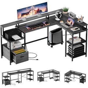 76 Inch L Shaped Desk with File Drawer, Monitor Shelf & Power Outlet, Reversible Corner Desk, Gray - 1 of 4