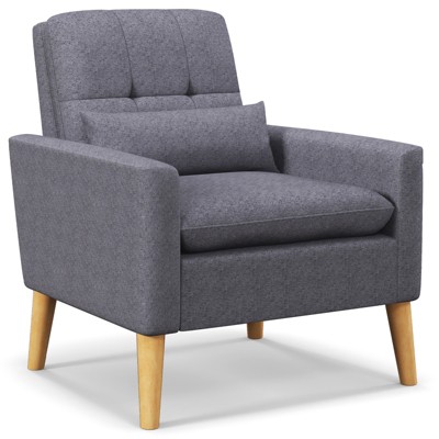 Tangkula Accent Chair Upholstered Tufted Armchair with Lumbar Pillow Natural Rubber Wood Legs  Comfy Padded Cushion Modern Linen Fabric Sofa Chair