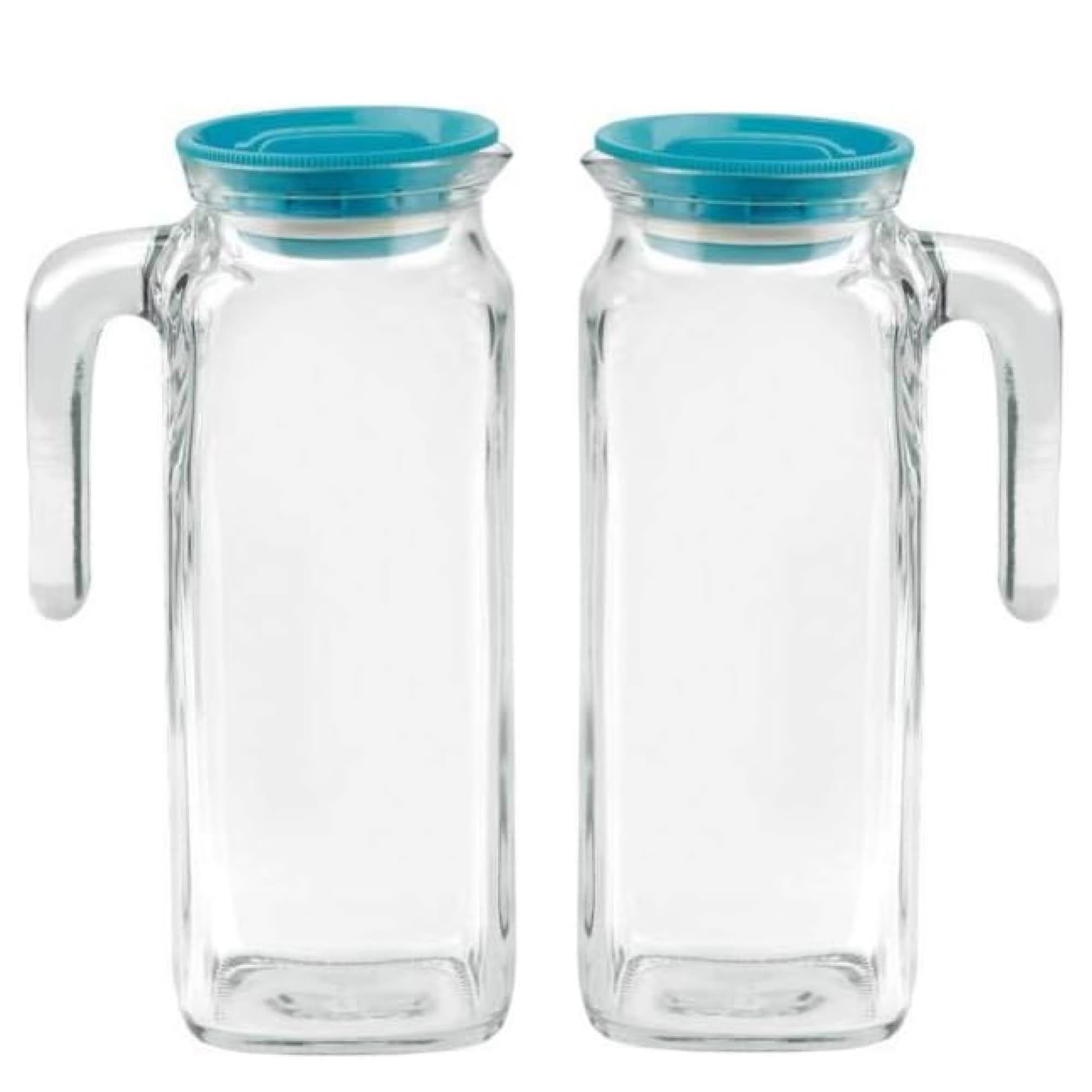 Bormioli Rocco Frigoverre Classic Jug Set of 2 - 33.75 oz Glass Beverage Pitchers with Teal Locking Lids for Juice, Milk & Infused Water