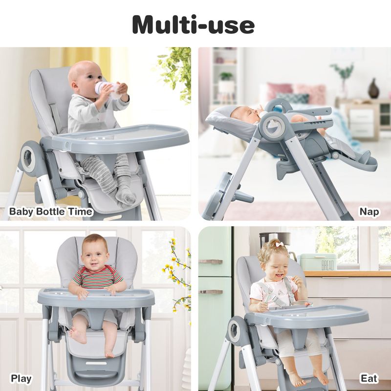 Infans Baby Folding Convertible High Chair w/Wheel Tray Adjustable Height Recline Grey, 4 of 8