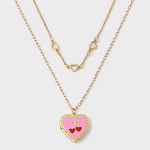 Girls' 2pk Cherry and Heart Locket Necklace Set - Cat & Jack™️: Acrylic, Zinc Alloy, 16" Length, Lobster Claw Clasp - 1 of 4