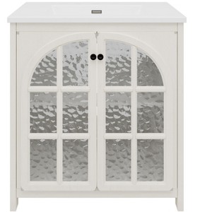 Vynxaria 31 Inch Antique White Farmhouse Bathroom Vanity with Ceramic Sink One Complete Set Vintage Curved Cabinet Soft Close Doors Adjustable Shelf - 1 of 4