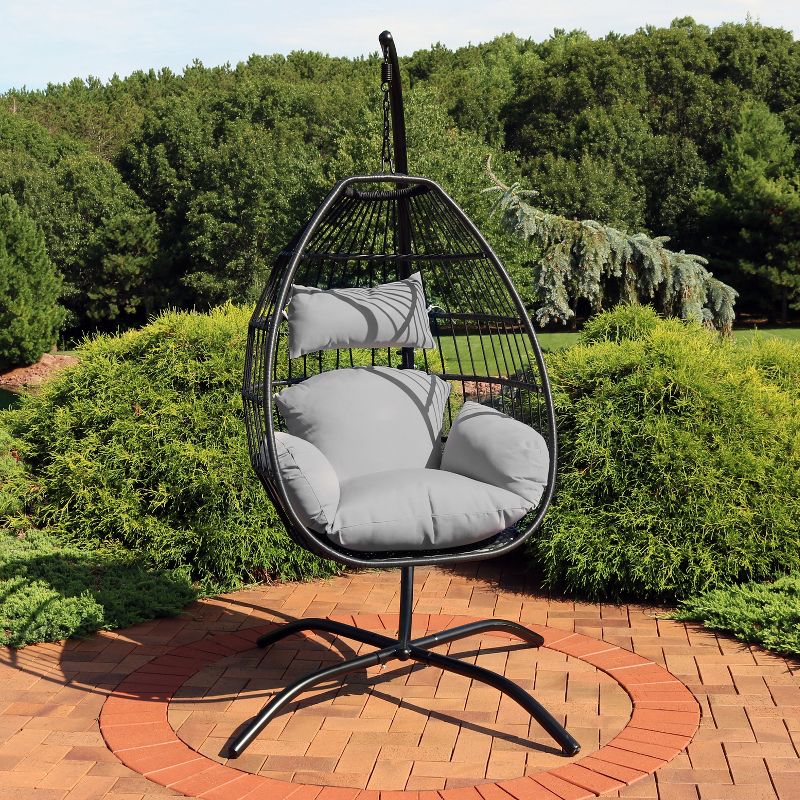 Sunnydaze Outdoor Resin Wicker Patio Delaney Hanging Basket Egg Chair with Cushions, Headrest, and Steel Stand Set - Gray - 3pc, 2 of 11