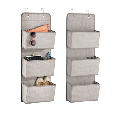 Image of mDesign Fabric Closet Hanging Organizers - 3 Pockets + Hooks, 2 Pack, Linen/Tan