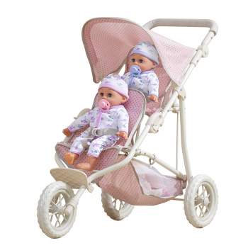 Olivia's Little World Double Jogging-Style Pram for Baby Dolls Pink/Gray