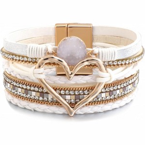 Leather Wrap Bracelet with Heart-Shape Decor & Crystal Beads, Bohemian Cuff Bangle for Women & Girls - 1 of 4