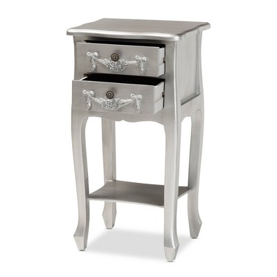 Eliya Silver Brushed Wood 2-Drawer Accent Table with Carved Details