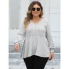 Women Plus V Neck Lantern Long Sleeve Shirts Oversized Casual Ribbed Tunics Knit Pullover Sweaters Flower Gray Large - 3 of 4