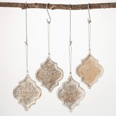 5"H Sullivans Holiday Text Wood Ornament - Set of 4  White Christmas Ornaments