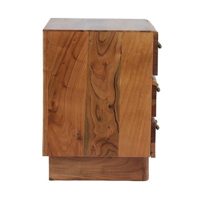 Dark Natural Acacia Wood 3-Drawer Nightstand with Brass Handles