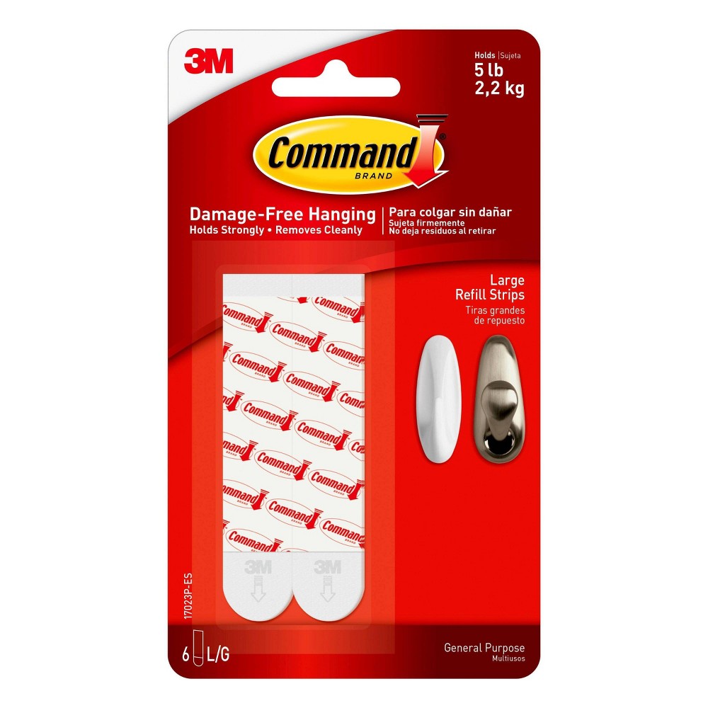 Command 6 Strips Large Sized Refill Strips Tape White: 3M Command Hooks Adhesive, 5 lb Capacity, Plastic, 6 Pack